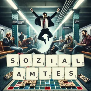 Kreative Illustration für ein Scrabble-Spiel, bei dem das Wort SOZIALAMTES mit Steinen auf dem Brett gelegt wurde.