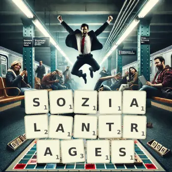 Kreative Illustration für ein Scrabble-Spiel, bei dem das Wort SOZIALANTRAGES mit Steinen auf dem Brett gelegt wurde.