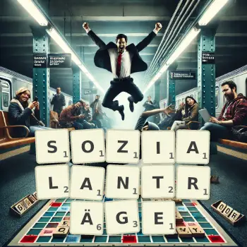 Kreative Illustration für ein Scrabble-Spiel, bei dem das Wort SOZIALANTRÄGE mit Steinen auf dem Brett gelegt wurde.
