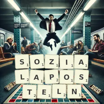 Kreative Illustration für ein Scrabble-Spiel, bei dem das Wort SOZIALAPOSTELN mit Steinen auf dem Brett gelegt wurde.