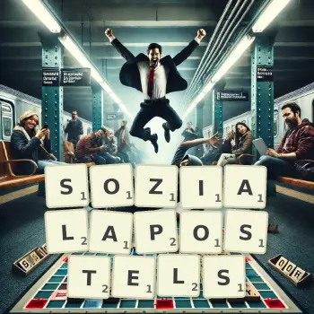 Kreative Illustration für ein Scrabble-Spiel, bei dem das Wort SOZIALAPOSTELS mit Steinen auf dem Brett gelegt wurde.