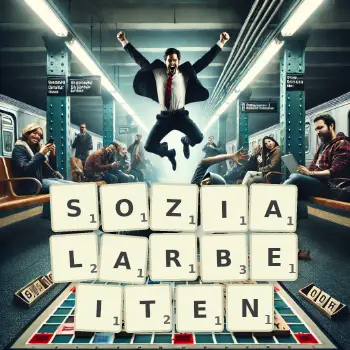 Kreative Illustration für ein Scrabble-Spiel, bei dem das Wort SOZIALARBEITEN mit Steinen auf dem Brett gelegt wurde.