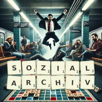 Kreative Illustration für ein Scrabble-Spiel, bei dem das Wort SOZIALARCHIV mit Steinen auf dem Brett gelegt wurde.