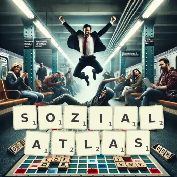 Kreative Illustration für ein Scrabble-Spiel, bei dem das Wort SOZIALATLAS mit Steinen auf dem Brett gelegt wurde.
