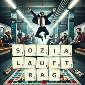 Kreative Illustration für ein Scrabble-Spiel, bei dem das Wort SOZIALAUFTRAG mit Steinen auf dem Brett gelegt wurde.