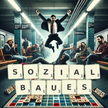 Kreative Illustration für ein Scrabble-Spiel, bei dem das Wort SOZIALBAUES mit Steinen auf dem Brett gelegt wurde.