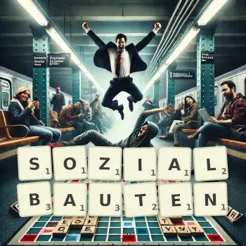 Kreative Illustration für ein Scrabble-Spiel, bei dem das Wort SOZIALBAUTEN mit Steinen auf dem Brett gelegt wurde.