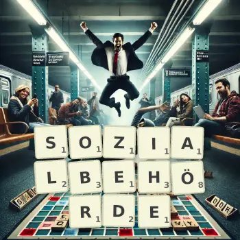 Kreative Illustration für ein Scrabble-Spiel, bei dem das Wort SOZIALBEHÖRDE mit Steinen auf dem Brett gelegt wurde.