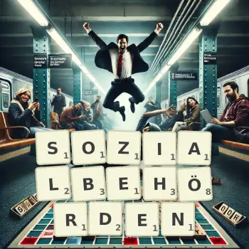 Kreative Illustration für ein Scrabble-Spiel, bei dem das Wort SOZIALBEHÖRDEN mit Steinen auf dem Brett gelegt wurde.