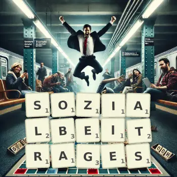 Kreative Illustration für ein Scrabble-Spiel, bei dem das Wort SOZIALBEITRAGES mit Steinen auf dem Brett gelegt wurde.