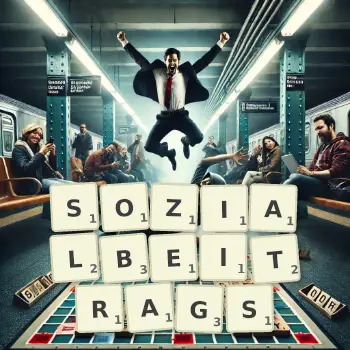 Kreative Illustration für ein Scrabble-Spiel, bei dem das Wort SOZIALBEITRAGS mit Steinen auf dem Brett gelegt wurde.