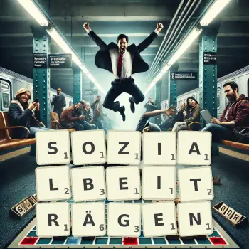 Kreative Illustration für ein Scrabble-Spiel, bei dem das Wort SOZIALBEITRÄGEN mit Steinen auf dem Brett gelegt wurde.