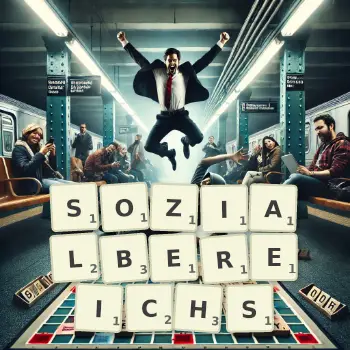 Kreative Illustration für ein Scrabble-Spiel, bei dem das Wort SOZIALBEREICHS mit Steinen auf dem Brett gelegt wurde.