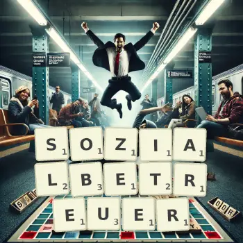 Kreative Illustration für ein Scrabble-Spiel, bei dem das Wort SOZIALBETREUER mit Steinen auf dem Brett gelegt wurde.