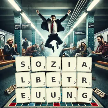 Kreative Illustration für ein Scrabble-Spiel, bei dem das Wort SOZIALBETREUUNG mit Steinen auf dem Brett gelegt wurde.