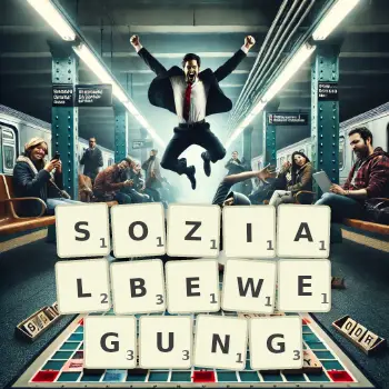 Kreative Illustration für ein Scrabble-Spiel, bei dem das Wort SOZIALBEWEGUNG mit Steinen auf dem Brett gelegt wurde.