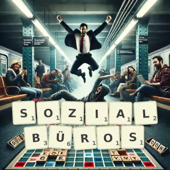 Kreative Illustration für ein Scrabble-Spiel, bei dem das Wort SOZIALBÜROS mit Steinen auf dem Brett gelegt wurde.