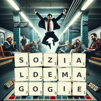 Kreative Illustration für ein Scrabble-Spiel, bei dem das Wort SOZIALDEMAGOGIE mit Steinen auf dem Brett gelegt wurde.