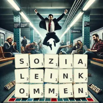 Kreative Illustration für ein Scrabble-Spiel, bei dem das Wort SOZIALEINKOMMEN mit Steinen auf dem Brett gelegt wurde.