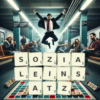 Kreative Illustration für ein Scrabble-Spiel, bei dem das Wort SOZIALEINSATZ mit Steinen auf dem Brett gelegt wurde.