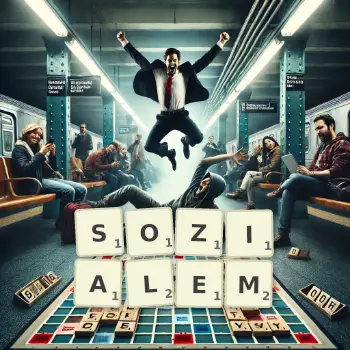 Kreative Illustration für ein Scrabble-Spiel, bei dem das Wort SOZIALEM mit Steinen auf dem Brett gelegt wurde.