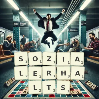 Kreative Illustration für ein Scrabble-Spiel, bei dem das Wort SOZIALERHALTS mit Steinen auf dem Brett gelegt wurde.