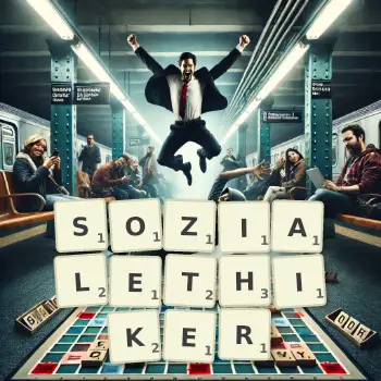 Kreative Illustration für ein Scrabble-Spiel, bei dem das Wort SOZIALETHIKER mit Steinen auf dem Brett gelegt wurde.