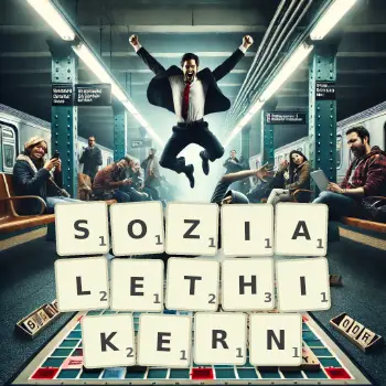 Kreative Illustration für ein Scrabble-Spiel, bei dem das Wort SOZIALETHIKERN mit Steinen auf dem Brett gelegt wurde.