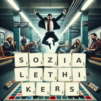 Kreative Illustration für ein Scrabble-Spiel, bei dem das Wort SOZIALETHIKERS mit Steinen auf dem Brett gelegt wurde.