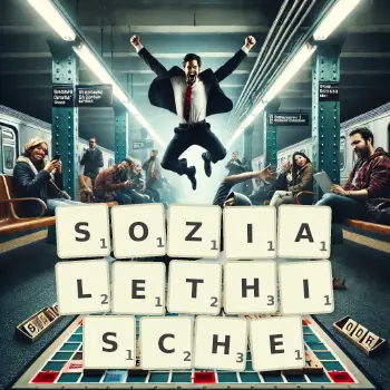 Kreative Illustration für ein Scrabble-Spiel, bei dem das Wort SOZIALETHISCHE mit Steinen auf dem Brett gelegt wurde.