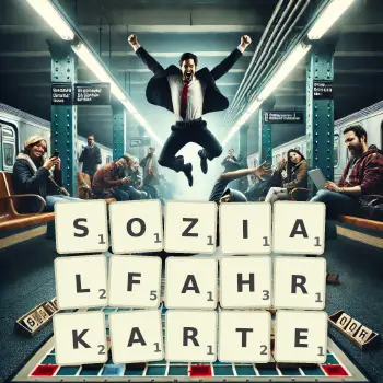 Kreative Illustration für ein Scrabble-Spiel, bei dem das Wort SOZIALFAHRKARTE mit Steinen auf dem Brett gelegt wurde.