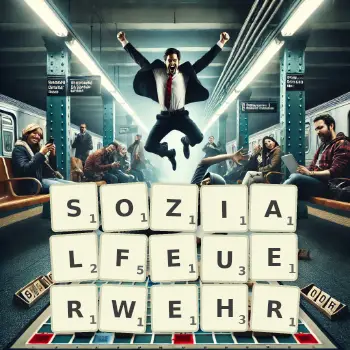 Kreative Illustration für ein Scrabble-Spiel, bei dem das Wort SOZIALFEUERWEHR mit Steinen auf dem Brett gelegt wurde.