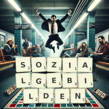 Kreative Illustration für ein Scrabble-Spiel, bei dem das Wort SOZIALGEBILDEN mit Steinen auf dem Brett gelegt wurde.