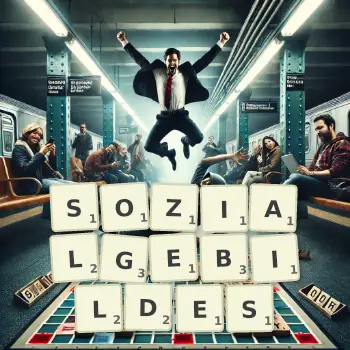 Kreative Illustration für ein Scrabble-Spiel, bei dem das Wort SOZIALGEBILDES mit Steinen auf dem Brett gelegt wurde.