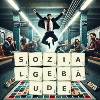 Kreative Illustration für ein Scrabble-Spiel, bei dem das Wort SOZIALGEBÄUDE mit Steinen auf dem Brett gelegt wurde.