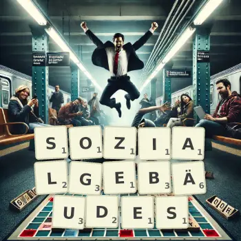 Kreative Illustration für ein Scrabble-Spiel, bei dem das Wort SOZIALGEBÄUDES mit Steinen auf dem Brett gelegt wurde.