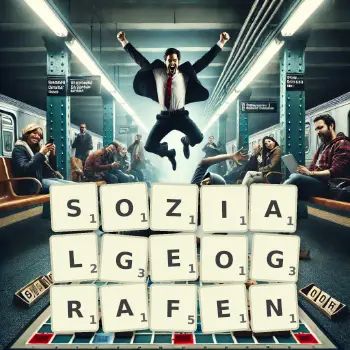 Kreative Illustration für ein Scrabble-Spiel, bei dem das Wort SOZIALGEOGRAFEN mit Steinen auf dem Brett gelegt wurde.