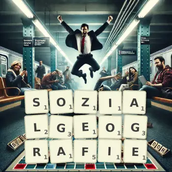 Kreative Illustration für ein Scrabble-Spiel, bei dem das Wort SOZIALGEOGRAFIE mit Steinen auf dem Brett gelegt wurde.