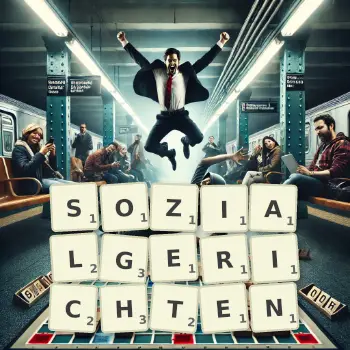 Kreative Illustration für ein Scrabble-Spiel, bei dem das Wort SOZIALGERICHTEN mit Steinen auf dem Brett gelegt wurde.