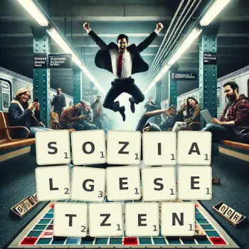 Kreative Illustration für ein Scrabble-Spiel, bei dem das Wort SOZIALGESETZEN mit Steinen auf dem Brett gelegt wurde.