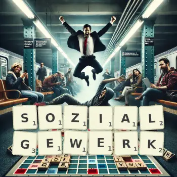 Kreative Illustration für ein Scrabble-Spiel, bei dem das Wort SOZIALGEWERK mit Steinen auf dem Brett gelegt wurde.