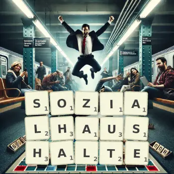 Kreative Illustration für ein Scrabble-Spiel, bei dem das Wort SOZIALHAUSHALTE mit Steinen auf dem Brett gelegt wurde.