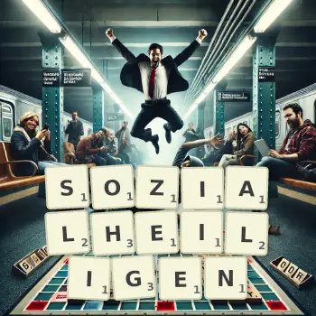 Kreative Illustration für ein Scrabble-Spiel, bei dem das Wort SOZIALHEILIGEN mit Steinen auf dem Brett gelegt wurde.