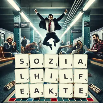 Kreative Illustration für ein Scrabble-Spiel, bei dem das Wort SOZIALHILFEAKTE mit Steinen auf dem Brett gelegt wurde.