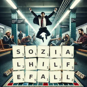 Kreative Illustration für ein Scrabble-Spiel, bei dem das Wort SOZIALHILFEFALL mit Steinen auf dem Brett gelegt wurde.