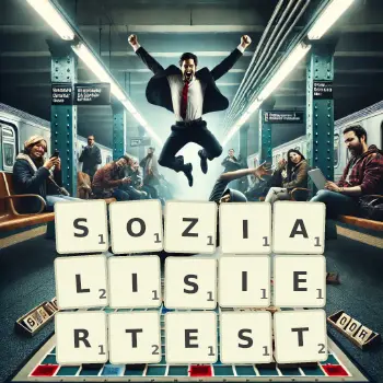 Kreative Illustration für ein Scrabble-Spiel, bei dem das Wort SOZIALISIERTEST mit Steinen auf dem Brett gelegt wurde.