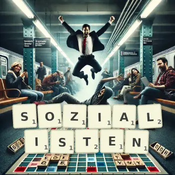 Kreative Illustration für ein Scrabble-Spiel, bei dem das Wort SOZIALISTEN mit Steinen auf dem Brett gelegt wurde.