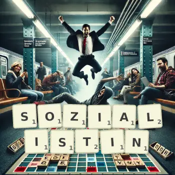 Kreative Illustration für ein Scrabble-Spiel, bei dem das Wort SOZIALISTIN mit Steinen auf dem Brett gelegt wurde.
