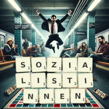 Kreative Illustration für ein Scrabble-Spiel, bei dem das Wort SOZIALISTINNEN mit Steinen auf dem Brett gelegt wurde.