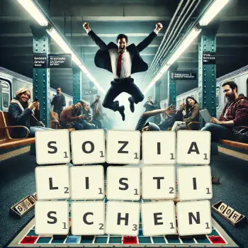 Kreative Illustration für ein Scrabble-Spiel, bei dem das Wort SOZIALISTISCHEN mit Steinen auf dem Brett gelegt wurde.